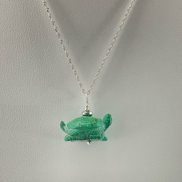 Turquoise Turtle Pendant Necklace, Handmade, Sterling Silver Rope Chain - Picture 2 of 14